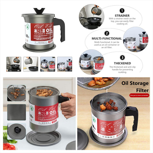 Oil Fryer Cooker with Stainless Steel Fine Mesh With Lid Food Grade Iron Cooking Oil Filter Machine With Handle For Kitchen..